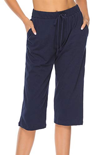 Vlazom Damen Schlafanzughose Baumwolle Pyjamahose Nachtwäsche Kurz Freizeit Hose mit Taschen und Kordelzug(M,Stil A-Marineblau)