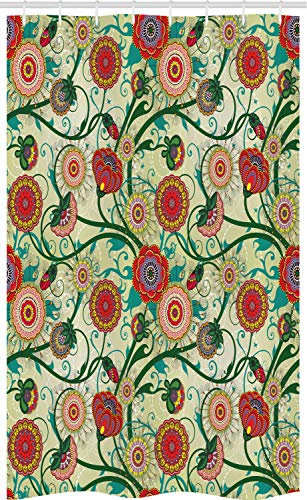 ABAKUHAUS Blumen Schmaler Duschvorhang, Oriental Inspirations, Badezimmer Deko Set aus Stoff mit Haken, 120 x 180 cm, Rot Grün