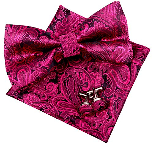 Alizeal Herren Retro Paisley vorgebundene Fliege, Einstecktuch und Manschettenknöpfe Set, Heiß pink