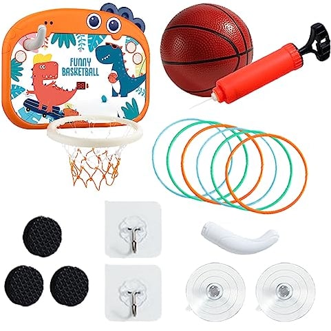 COO11 Kids 2-in-1 Dinosaur Wall-Mount Basketball Hoop and Ring Toss Game, Indoor/Outdoor Play Set with Digital Scoreboard, Auto Counter, Interactive Sound, Ball and Pump for Toddlers Ages 3+ Years
