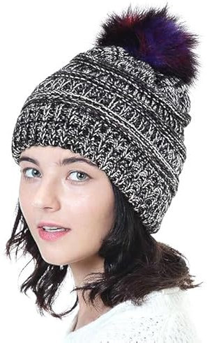 FADACHY Damen-Beanie-Mütze, grobe weiche Zopfstrickmütze mit gemütlichem, abnehmbarem Kunstfell-Bommel Gr. Einheitsgröße, Schwarz