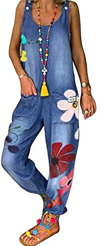 ORANDESIGNE Salopette Larghe da Donna Senza Maniche Boho Tuta Bretelle Pantaloni Lunghi Estivi a Fiori retrò in Denim, A 01 Blu L