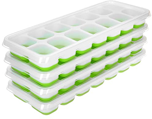 ASAB Ice Cube Tray 4 Pack 56 Cube Easy Release Ice Cube Silicone Trays Spill-Resistant Removable Stackable Lid Durable Dishwasher Safe BPA Odour Free Freezer Save Space Drinks Baby Food Ice Mold Green