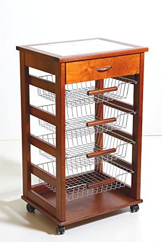 Totò Piccinni Carrellino in Legno da Cucina con Rotelle Mattonelle e Cestelli in Acciaio (con Cassetto, Ciliegio)