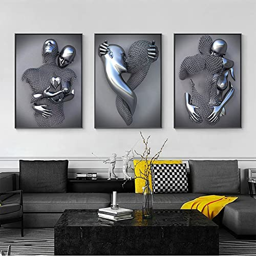 Youihom 3 Porträtbilder, Statue, Metall, abstrakt, Druck auf Leinwand, grau, Poster, Liebe, Paare, sexy, romantisch, Wohnzimmer, Wanddekoration, 3D-Poster, Schlafzimmer, Erwachsene, modernes Geschenk