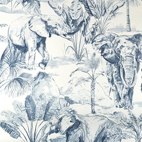 Elephant Pastel Blue White Jungle Wallpaper - Wildlife Nature Animal Print Paste The Wall Modern Textured