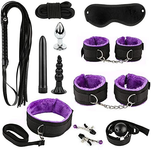 11PCS Bondage Set Erotic Suit Sex Bondage Toys for Couples Bed Restraints Set Adjustable Neck and Leg Cuffs Kit Sexy Swing Sex Restraintants Set with Anal Plug Trainer Kit (Purple)
