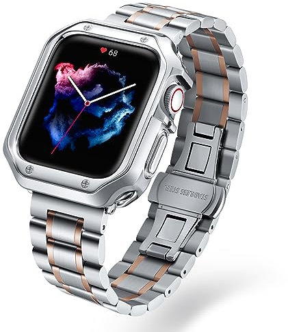 BINLUN Compatibile con Apple Watch Cinturino Acciaio 45mm 44mm 42mm Protezione TPU Custodie e Cinturino per Apple Watch Metallo Cinturini di Ricambio per iWatch Uomo Donna (Argento Oro Rosa)