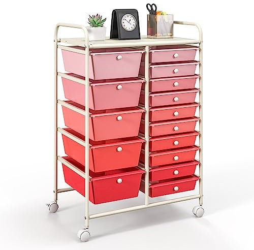 TANGZON 15 Drawers Storage Cart, Multipurpose Mobile Organizer with Lockable Wheels, Utility Rolling Trolley for Home Office Stationery Beauty & Salon (Gradient Pink)