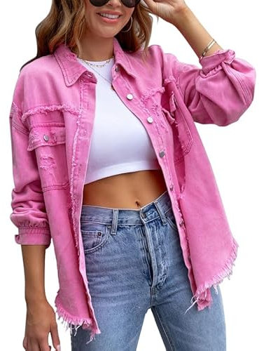 ONEYOO Veste en jean pour femme - Manteau d'extérieur - Manches longues - Veste en jean avec boutons - Hiver - Automne - Vintage, Rose, S