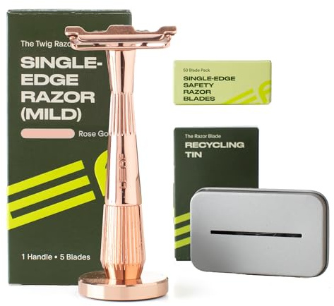 Leaf Shave El juego de maquinilla de afeitar Twig, oro rosa – Incluye 1 maquinilla de afeitar de rama, 1 soporte a juego, 1 paquete de 50 recambios de hoja de un solo filo y 1 banco de cuchillas