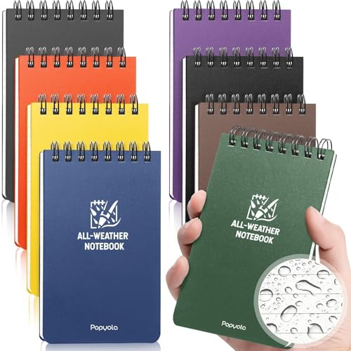 8 Pack Wasserdichtes Taschennotizbuch, 3 x 5 Pocket Notizblock, wetterfest, kleiner Mini Spirale Steno Notizblock mit 100 linierten Seiten für Outdoor, Büro, Schule