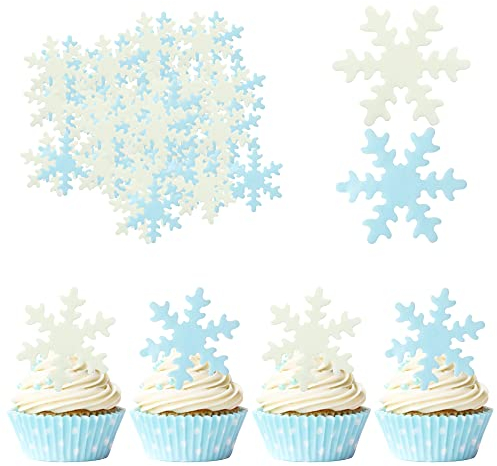 Gyufise 50Pcs White Blue Edible Cupcake Toppers Snowflakes Cake Decoration for Christmas Winter Frozen Birthday Party Supplies