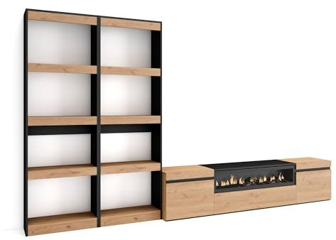 Skraut Home | Mobile Soggiorno TV | Parete Attrezzata Soggiorno | 320x186x35cm | Per TV fino a 80 | Camino elettrico | Stile moderno | Rovere e nero