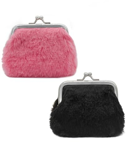WisePoint 2pcs Porte Monnaie, Mini Portefeuille de Change en Peluche, Petit Porte Monnaie Portable pour Les Filles, Bourse Porte Monnaie avec Pièces de Monnaie, Clés(Rose + Noir)