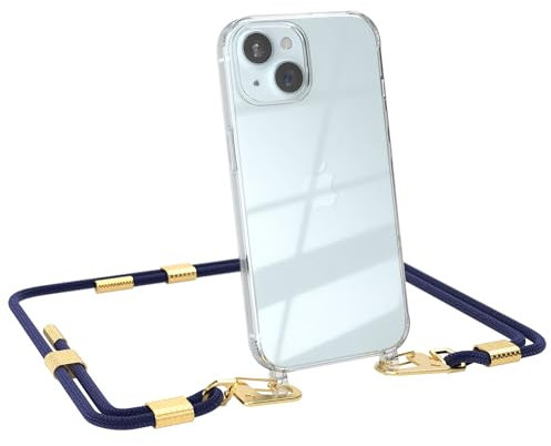 EAZY CASE - Handykette mit Karabiner kompatibel mit iPhone 15 - Hülle Silikonhülle Fallschutz transparente Handyhülle Kette zum Umhängen Schutzhülle in Nacht Blau - Clips Gold
