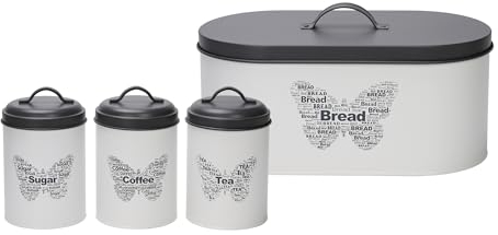 simpa 4PC White and Grey Butterfly Design Kitchen Storage Set: Tea, Coffee, Sugar & Bread Bin Set.