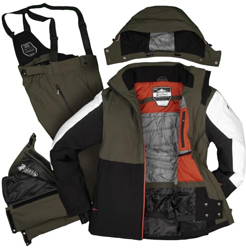 Killtec Herren Skianzug Größe S - aus Skijacke weiß olive schwarz und Skihose olive - mit 10000mm Wassersäule - wasserdicht, atmungsaktiv