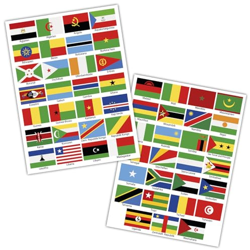 50 Länderfahnen Flaggen Set auf 2 Din A4 Bögen jede Fahne 4,9x3,3cm Aufkleber Sticker für Modellbau Fahrrad Auto Motorrad Deko Länder R108 (Afrika)