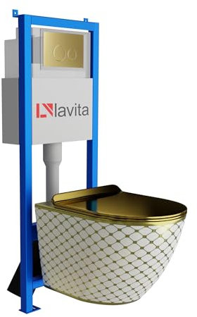 Lavita LAV 101 Elemento de pared para inodoro de 40 cm + pared colgante profundo inodoro SOFI SLIM CHECKED dorado sin borde + placa de control LAV 200.4.5 oro | juego completo | cisterna empotrada |