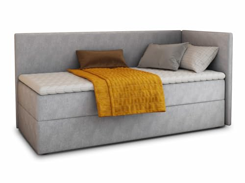 Boxspringbett Flame mit Bettkasten - Einzelbett mit Bonell-Matratze und Topper, Polsterbett, Universelle Bettseite, Bett, Schlafzimmer, Kinderzimmer (Grau (Paros 05), 80 x 200 cm)