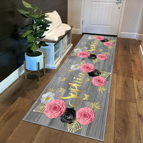 Siunwdiy 3D Teppich Läufer Flur Küche rutschfest Waschbar Kurzflor Küchenläufer Lang Korridor Teppich Läufer Mit Blumenmuster 60x200cm Graue Rosa Blumen Küchenteppich Flurteppich Meterware Anpassbar