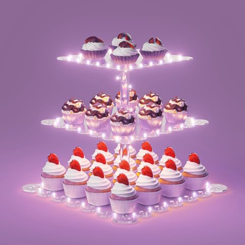 Pincute Cupcake-Ständer aus Acryl, 3 Etagen, Cupcake-Turm-Halter mit LED-Lichterkette, Dessert-Tisch-Display, Kuchenständer für Geburtstag, Cady, Bar, Hochzeiten, Party-Dekor, violettes Licht
