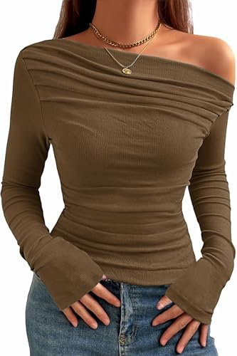 TrendiMax Womens Long Sleeve Sexy Tops Boat Neck Off Shoulder Knit Shirts Ruched Elegant Slim Fitted Blouse T Shirt Dark Brown