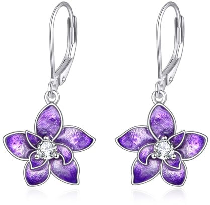 VONALA Purple Orchid 925 Sterling Silver Leverback Earrings with Birth Flower Earrings with White Zircon Jewelry Gift for Women Birthday Christmas