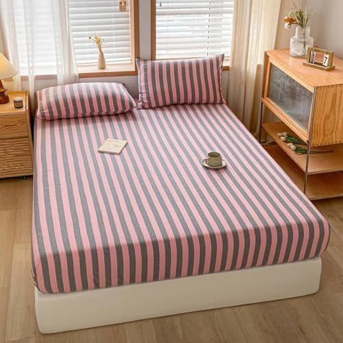 Mesnt Spannbetttuch 150x200, Baumwolle Streifen-Muster Spannbetttücher Elastisch Bettlaken für Boxspringbetten, Rosa Grau