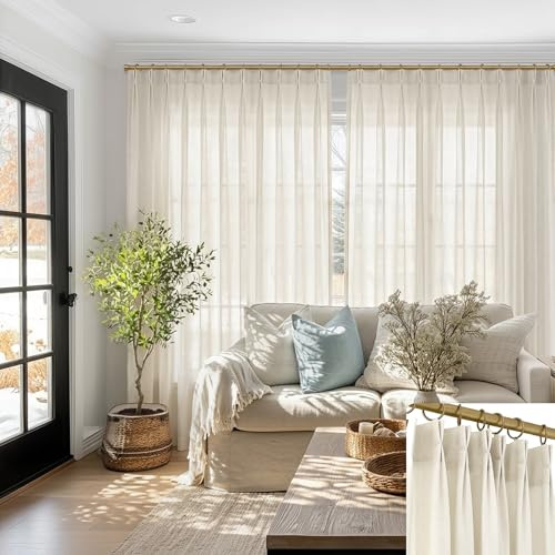 SHINELAND Plissee-Vorhänge, 244 cm lang, extra breit, 2-teiliges Set, Plissee-Vorhänge für Wohnzimmer, durchscheinend, lichtfilternd, cremefarben, 2,4 m, 2,4 m von Decke bis Bodenlänge