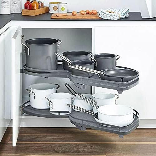 Organizer girevole a doppio strato per armadietto, 900 mm, con vassoio basculante, cestino estraibile, design con disco volante