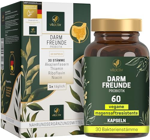 VITACTIV Darm Freunde - Probiotik Kulturen Komplex - 60 Probiotika Kapseln - 30 Bakterienstämme, 100 Mrd. KBE/g - Lactobacillus & Bifidobakterien, Akazienfaser als Präbiotika, 8 B-Vitamine - Vegan