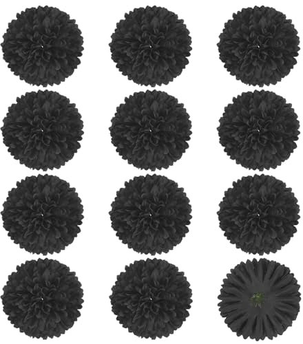 M METERXITY 12-Pack Artificial Flower Heads, 2.8Inch/70mm Fake Chrysanthemum Floral Silk Flowers for DIY Home Decorations/Wedding Bouquets/Table Centerpieces [Black]