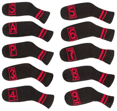 Scott Edward 10 Pcs Golf Iron Club Covers Head Covers for Irons Cuteness Basically Socks Shape Washable Golf Club Head Protector Double Sided Knit Suitable for Most Brands (Black Red Frame)