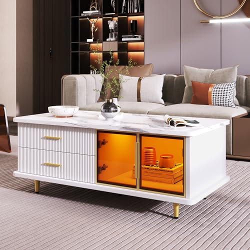 Table Basse Table d’appoint avec Porte en Verre trempé Buffet Tiroirs avec Texture ondulée Poignées et Pieds dorés Dessus de Table avec Texture marbre Crédence Blanc 1101