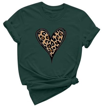 Damen-Sommer-Top, kurzärmeliges Hemd, Leopardenmuster, Herz-T-Shirt, Valentinstag-Tops, Rundhalsausschnitt, lockere Tunika, Tops, Boho-T-Shirt, für den Urlaub, 01#Armeegrün., S