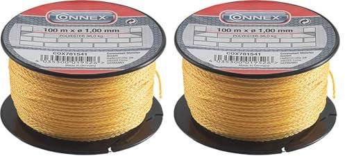 Connex Maurerschnur gelb - 100 m Länge - Ø 1,0 mm - Polyester - Knotenfest - Reißfest & Belastbar - Auf Spule/Richtschnur/Bauschnur/Lotschnur/Pflasterschnur / COX781541 (Packung mit 2)