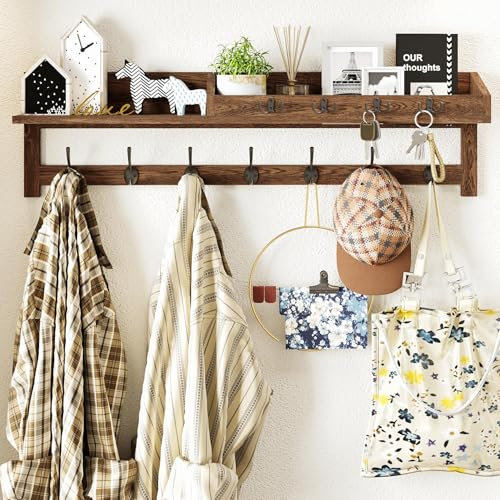 AMBIRD Wall-Mounted Coat Rack, 89cm Large Wall Hooks with Shelf, Entryway Shelf with 7 Dual Coat Hooks, Mail Organiser, Wooden Coat Hanger