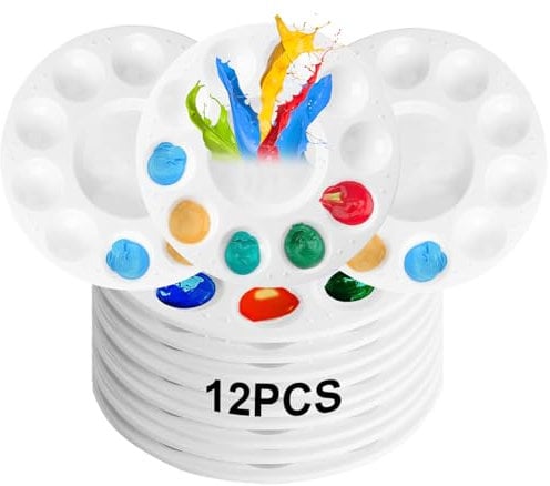 12 Pcs Paint Palettes Round 15.8 cm, Plastic Palettes Paint Tray, Painting Palette Watercolour, Mixing Palette Acrylic Oil Paints 10 Wells And 1 Central Reservoir For Watercolours Oil Acrylic Painting