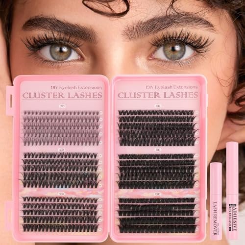 Parriparri Individual Eyelashes Kit 590pcs Lashes Cluster with Eyelash Glue & Remover Natural 20+40+50+60+80+100D Eyelash Clusters Soft &Thick DIY Lash Extensions