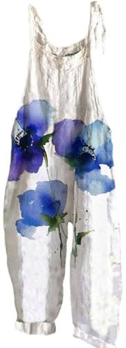 EMUKFD Ladies Overalls Workwear Dungarees Wide Leg Boho Print Jumpsuit Floral Loose Fit Playsuits Cotton Linen Summer Beach Sleeveless Rompers Bib Overalls Baggy Casual Holiday Trousers Leisure Wear