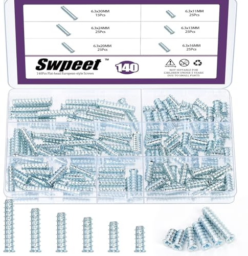 Swpeet 140pcs 6Sizes Blau Weiß Kreuz Flachkopf Euro Schrauben Kit, Phillips Countersunk Möbel Euro Schraube, Schublade Schiene Euro Schraube, Pozi Antrieb Euro Schrauben kompatibel mit Möbel Teile