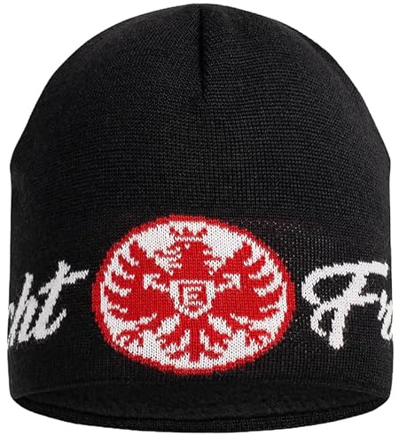 Eintracht Frankfurt Wintermütze, Schwarz Weiß Rot, Fleece-Beanie mit Adler Logo, One Size, 50% Wolle Mischgewebe, Made in Germany