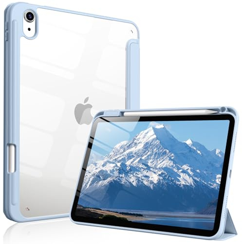 IAMKHO Case for iPad Air 11 inch, iPad Air 5th/4th Gen 10.9, Blue | For iPad Air M4/M3/M2 Case with Pencil Holder, Auto Sleep/Wake, Slim Light Trifold Shockproof, Clear Back Cover