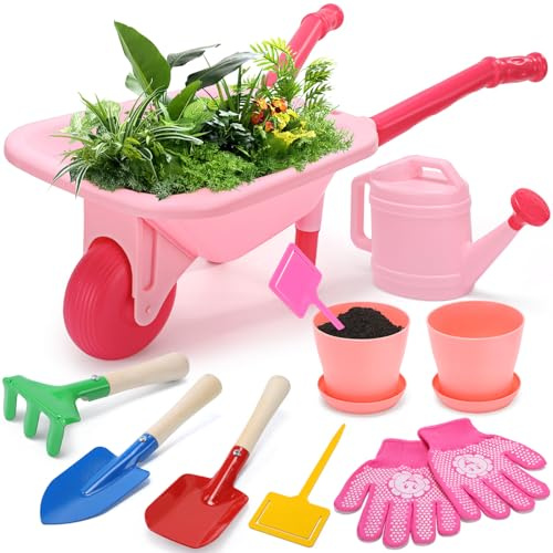 Cute Stone Ensemble d'outils de Jardinage pour Enfants, brouette Rose | avec arrosoir, Gants, râteau, Pelle, truelle, Jouets de Jardinage pour Enfants (garçons et Filles) dès 3 Ans