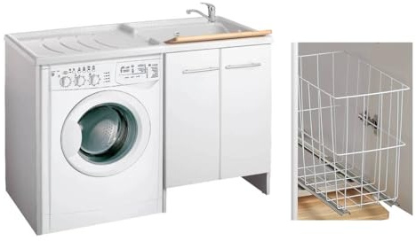 Negrari Magica 2800CSDX Lave-linge monté baignoire droite machine à laver gauche blanc 124 x 60 H 89 cm Porte ralentie fond aluminium panier amovible meuble lavabo polypropylène axe pin