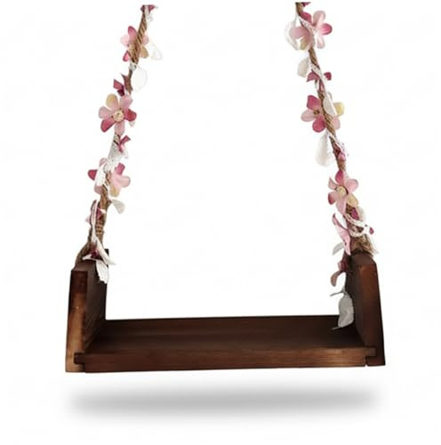 Newborn Swing, Wooden Baby Swing for Photography - Macrame Hanging Seat with Floral Rope for Newborn Photo Props, Safe & Comfortable