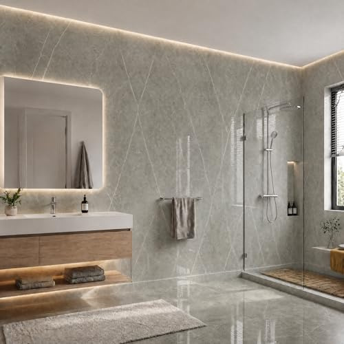 Camiraft Bathroom Wallpaper Waterproof, 2.3mm Thick Grey Marble Self Adhesive Wallpaper 3mx40cm, Thermal Insulated Waterproof Damp-Proof Wall Covering for Bad Cold Walls (1 Rolls=1.2m²)