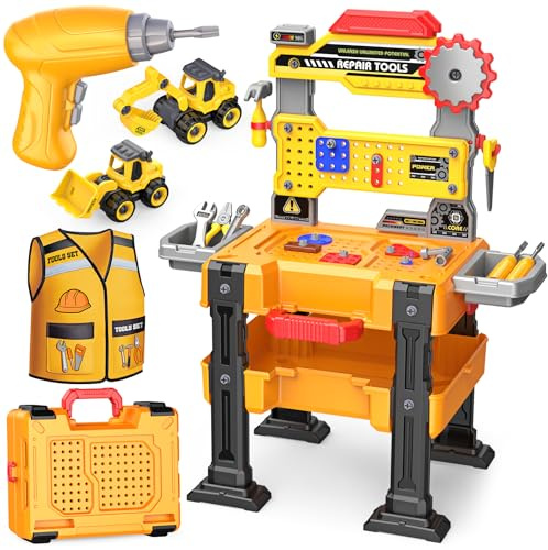Jouet Garçon 3 4 5 Ans: Établi d'Outils Enfants avec Perceuse Électrique Réaliste, Véhicules de Construction à Démontrer & Costume, Jouets STEM 3-5 Ans, Cadeau d'anniversaire pour Filles et Garçons